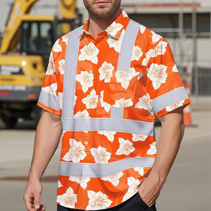 High Visibility Hawaiian Shirt for Men Tropical Shirts Custom Name Floral Outfit Reflective Safety Workwear