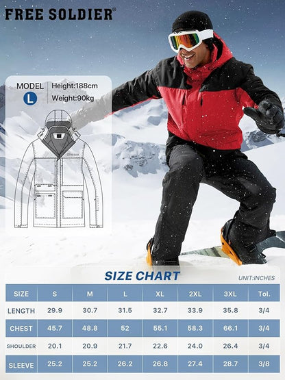 FREE SOLDIER Men's Waterproof Ski Jacket Fleece Lined Warm Winter Snow Coat with Hood Fully Taped Seams