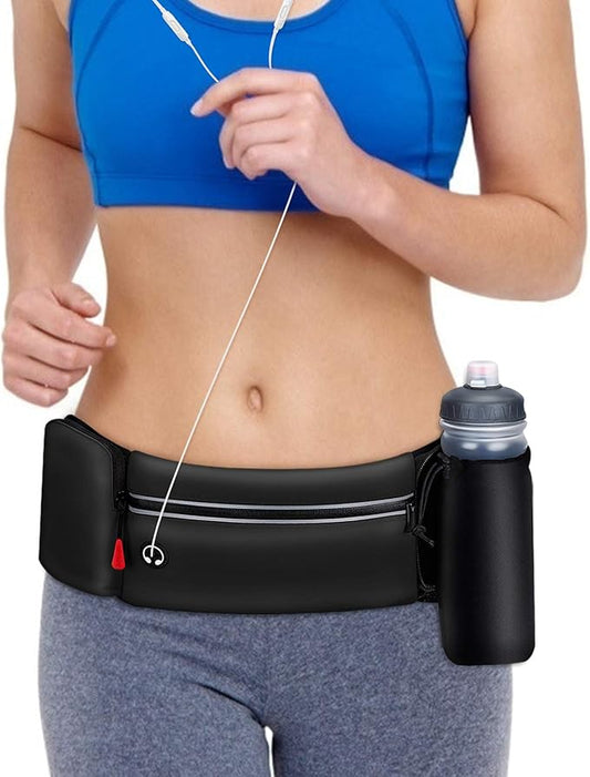 Hydration Running Belt for Women Men Running Fanny Pack with Foldable Water Bottle Holder (Bottles NOT Included) for Walking No Bounce Adjustable Waist Pouch for Runners Jogging