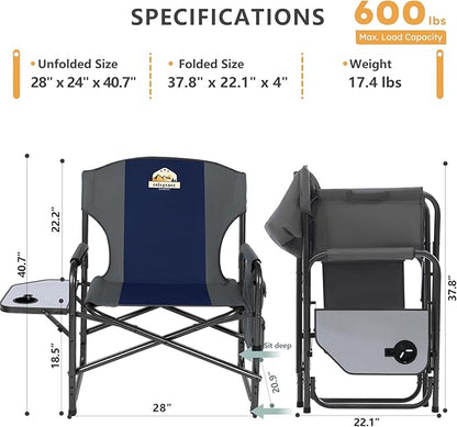 Oversized Directors Camping Chair Support 600 LBS, Heavy Duty Folding Outdoor Chairs with Detachable Side Pocket and Adjustable Side Table for Outside Beach,Lawn,Fishing (Blue)