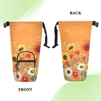 Cartoon Orange Sunflowers and Poppy Flowers Water Bottle Holder with Strap Insulated Water Bottle Carrier Crossbody Bags Pouch with Phone Pocket for Travel Gym Hiking Walking Running