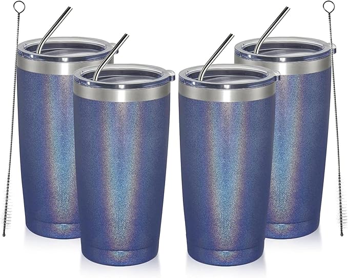 MEWAY 20oz Tumbler 4 Pack Double Wall Vacuum Insulated Travel Glitter Mug Bulk, Stainless Steel Tumblers with Lid and Straw, Powder Coated Coffee Cups for Woman(Rainbow Navy,Set of 4)