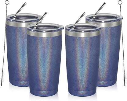 MEWAY 20oz Tumbler 4 Pack Double Wall Vacuum Insulated Travel Glitter Mug Bulk, Stainless Steel Tumblers with Lid and Straw, Powder Coated Coffee Cups for Woman(Rainbow Navy,Set of 4)