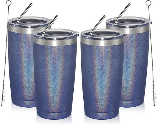 MEWAY 20oz Tumbler 4 Pack Double Wall Vacuum Insulated Travel Glitter Mug Bulk, Stainless Steel Tumblers with Lid and Straw, Powder Coated Coffee Cups for Woman(Rainbow Navy,Set of 4)