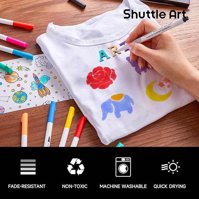 Shuttle Art 28 Colors Fabric Markers, Shirt Permanent Markers for Clothes Sneakers Jeans with 11 Stencils 1 Fabric Sheet, Fabric Pens for Kids Adult Painting Writing