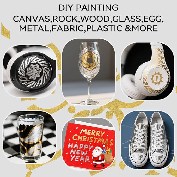 TRANSON 2 Gold, 2 Silver, 2 Black and 2 White Paint Markers Bold and Fine Dual-tip Acrylic Paint Marker Set for Rock Painting Glass Canvas Wood Leather Ceramic Painting