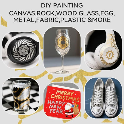 TRANSON 2 Gold, 2 Silver, 2 Black and 2 White Paint Markers Bold and Fine Dual-tip Acrylic Paint Marker Set for Rock Painting Glass Canvas Wood Leather Ceramic Painting