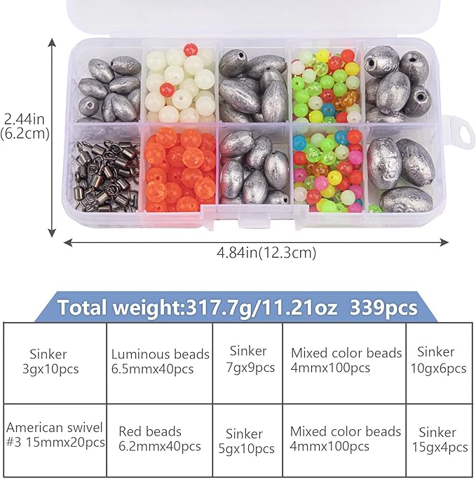 THKFISH Texas and Carolina Fishing Rig Bass Fishing Bullet-Weights for Fishing Sinkers Hooks Rolling Barrel Fishing Swivels Beads Rings Fishing Tackle Kit 35pcs/339pcs/389pcs