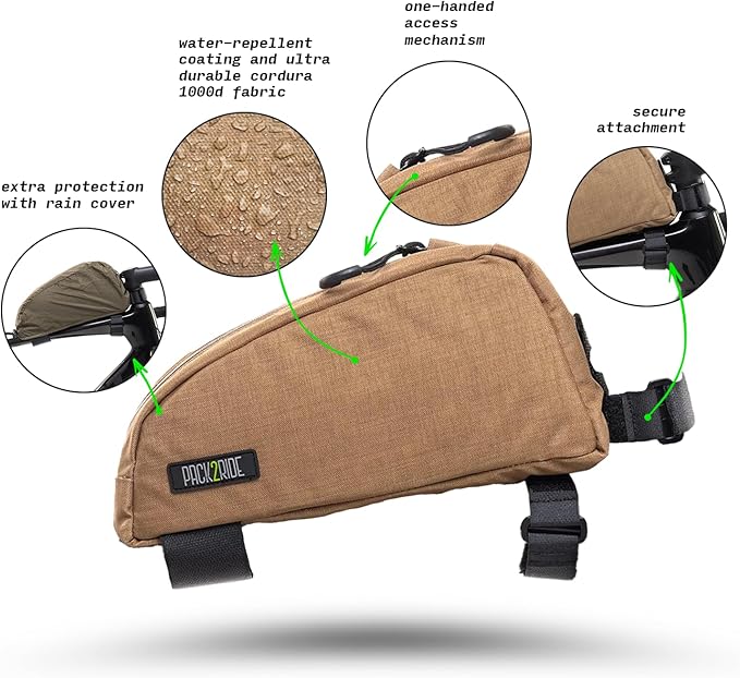 Onedrop Bike Frame Bag - Water Resistant Top Tube Bike Bag with Durable Cordura Fabric, Front Bicycle Storage & Bikepacking Pouch, Cycling Accessories for Biking Travel (Brown)