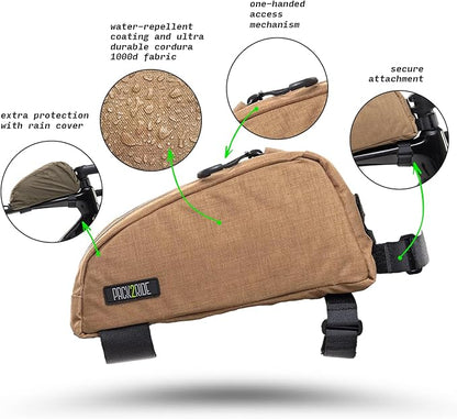 Onedrop Bike Frame Bag - Water Resistant Top Tube Bike Bag with Durable Cordura Fabric, Front Bicycle Storage & Bikepacking Pouch, Cycling Accessories for Biking Travel (Brown)