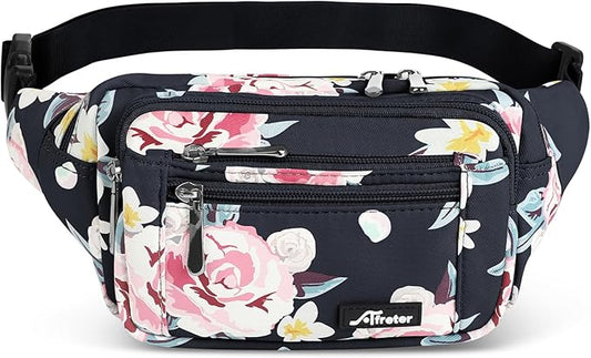 Waist Pack Bag Fanny Pack for Men&Women Hip Bum Bag with Adjustable Strap for Outdoors Workout Traveling Casual Running Hiking Cycling (New Black Flowers)