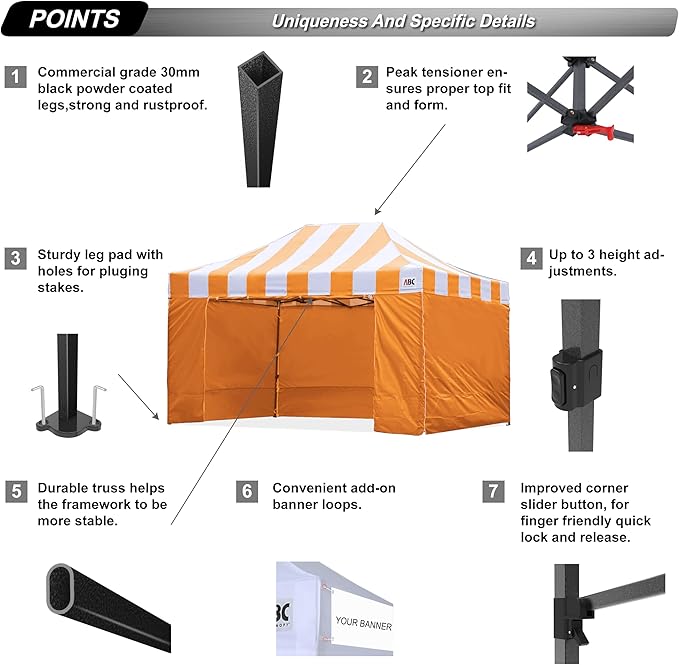 ABCCANOPY Heavy Duty Easy Pop up Canopy Tent with Sidewalls 10x15,Strip Orange