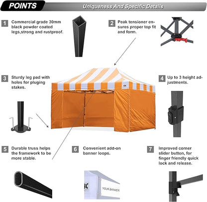 ABCCANOPY Heavy Duty Easy Pop up Canopy Tent with Sidewalls 10x15,Strip Orange