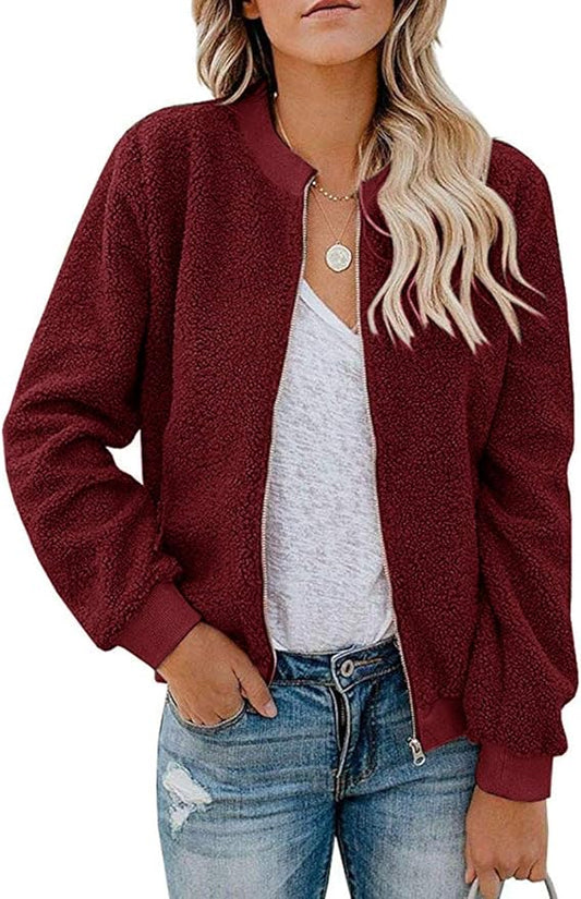 MIROL Women's Fall Trendy Fleece Jacket Faux Sherpa Fuzzy Casual Long Sleeve Zip Up Loose Fit Bomber Winter Coat