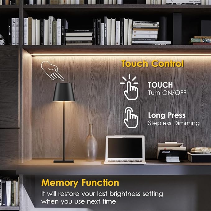 2-Pack LED Cordless Table Lamp, Rechargeable Battery Desk lamp 3W 5500mAh Battery Operated Stepless Dimming Modern Portable Table Light for Restaurant/Dinner/Bedroom/Outdoor IP54 Waterproof (Black)