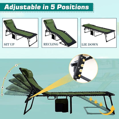 Outdoor Folding Lounge Chair Padded for Adults 264Ibs Patio Chaise Lounge Chair for Outside Adjustable 5-Position Reclining Beach Chair with Pillow Pocket