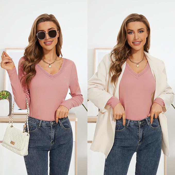 WOWENY Women Thermal Long Sleeve Shirt Fleece Lined Basic Fitted Tops Lace V Neck Undershirts Winter Tight Base Layer