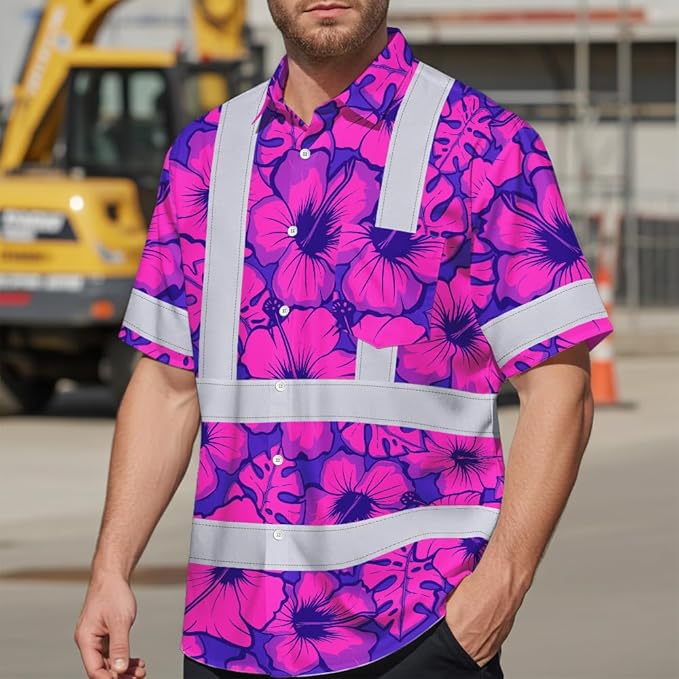 High Visibility Hawaiian Shirt for Men Tropical Shirts Custom Name Floral Outfit Reflective Safety Workwear