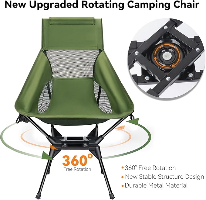 Upgraded 360° Swivel Camping Chair for Adults, Portable Folding Chair with Cup Holder, Lightweight Compact Backpack Outdoor Chair for Travel, Fishing, Hiking, and Beach