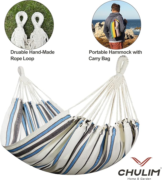 Brazilian Double Hammock with Tree Straps,Extra Large 94x63IN,2 Persons Hammock for Backyard Patio Outdoor and Indoor,450lbs Weight Capacity,Soft Woven Cotton Fabric - Blue Stripe