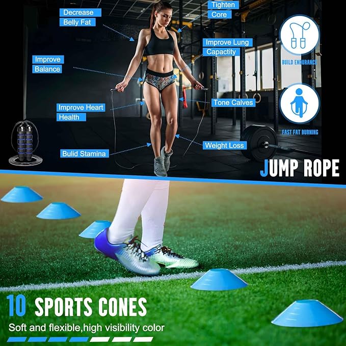 Agility Ladder Speed Training Equipment Set-15ft Non-Slip Agility Training Ladder, 10 Disc Cones, 5 Resistance Bands, Jump Rope, Rubber Ladder Mat for Soccer Footwork Drills Fitness Workouts