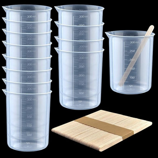 Coopay 12 Pack 300ml/10.1oz Plastic Beakers Epoxy Mixing Cups, Plastic Graduated Cups Clear Multipurpose Measuring Cups with 50 Pack Wooden Stirring Sticks for Resin, Epoxy, Stain, Mixing Paint