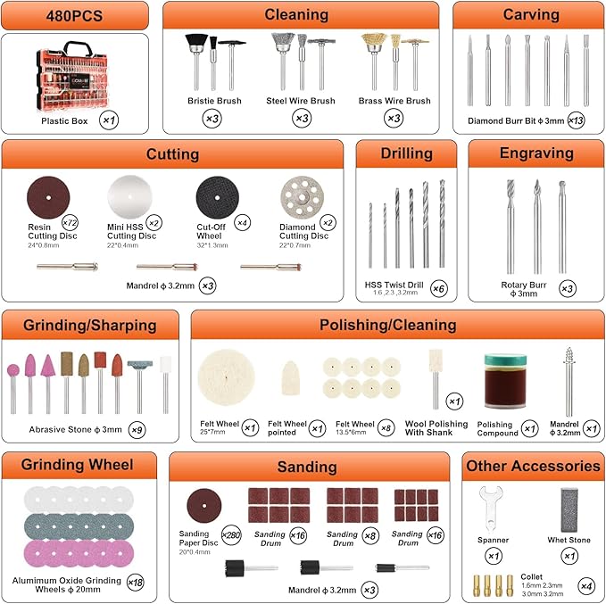 480Pcs Rotary Tool Accessories Kit, GOXAWEE 1/8 inch Shank Rotary Tool Accessory Set, Multi Purpose Universal Kit for Cutting, Drilling, Grinding, Polishing, Engraving & Sanding