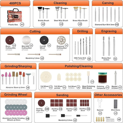 480Pcs Rotary Tool Accessories Kit, GOXAWEE 1/8 inch Shank Rotary Tool Accessory Set, Multi Purpose Universal Kit for Cutting, Drilling, Grinding, Polishing, Engraving & Sanding