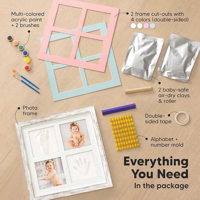 Baby Hand and Footprint Kit - Baby Footprint Kit, Clay Handprint Keepsake Frame, Nursery Picture Frame For Newborns, Personalized New Mom Gifts for Showers & Registry (Vintage White)