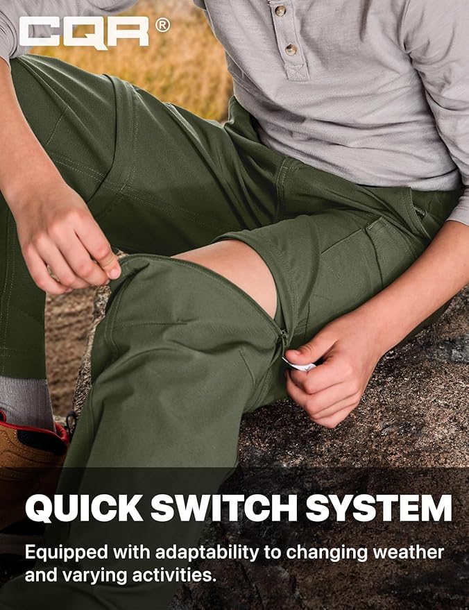 CQR Kids Youth Hiking Cargo Pants, UPF 50+ Quick Dry Convertible Zip Off Pants, Outdoor Camping Pants