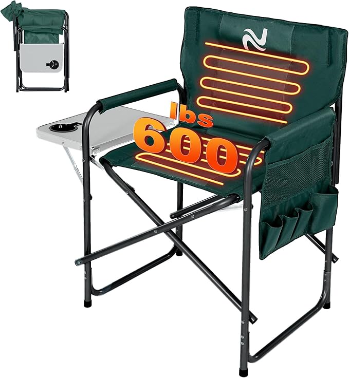 Slsy Oversized Heated Camping Chair, Portable Directors Chair with 3 Heat Levels, Heavy Duty Outdoor Heating Folding Chair Camp Chairs with Side Table, Pocket for Camping, Fishing, Picnic, Lawn