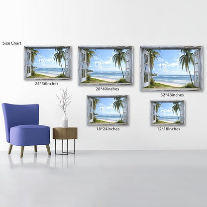 ANRUOXI Beach Wall Art, Blue Ocean Canvas Prints Wall Decor, Window Frame Style Sea Canvas Wall Decor, Ocean Seaside Painting, Nature Coastal Landscape Framed Artwork for Living Room Office 28x40 Inch