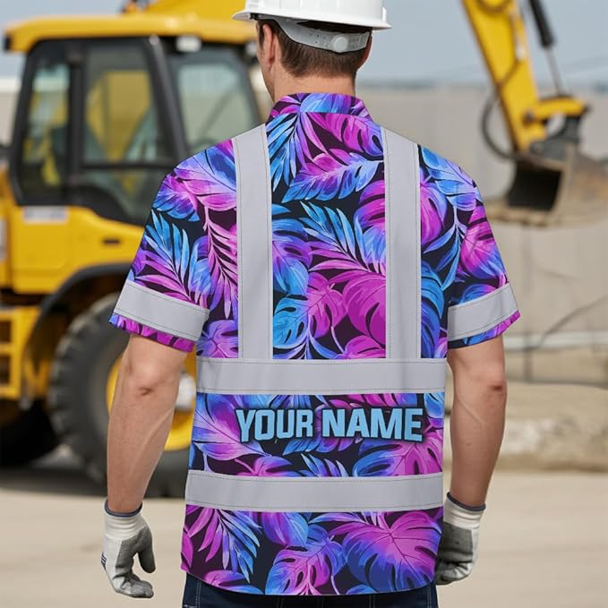 High Visibility Hawaiian Shirt for Men Tropical Shirts Custom Name Floral Outfit Reflective Safety Workwear