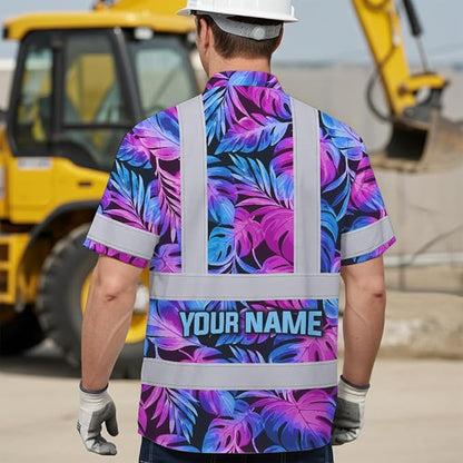 High Visibility Hawaiian Shirt for Men Tropical Shirts Custom Name Floral Outfit Reflective Safety Workwear