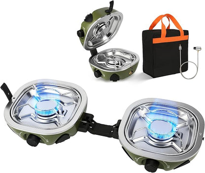 Propane Camping Stove 20,000 BTU - Portable 2 Burner Gas Stove with Adjustable Flame Control, Piezo Ignition, Carry Bag & Propane Adapter Hose, Folding Design for Camp, BBQ, Tailgating, Green