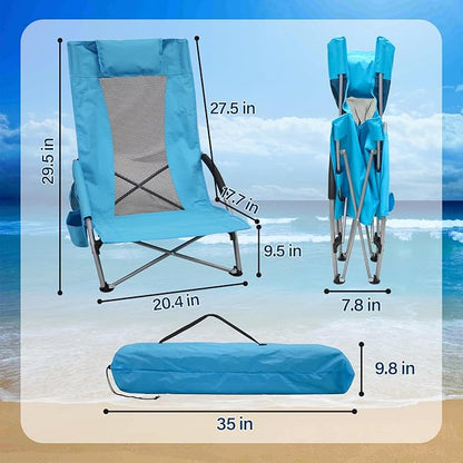 PLKO High Back Beach Chair,Protable Reclining Beach Chair,Beach Chairs for Adults 2pack with Carry Bag,Cup Holder and Padded Armrest for Beach, Travel, Picnic, Festival(Blue)