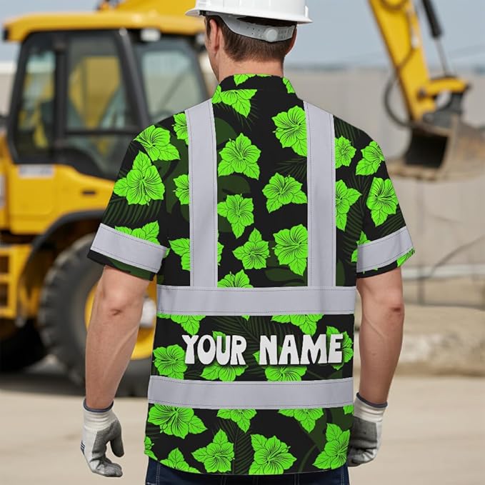 High Visibility Hawaiian Shirt for Men Tropical Shirts Custom Name Floral Outfit Reflective Safety Workwear