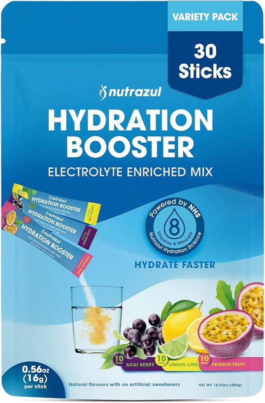 nutrazul Hydration Booster, Electrolytes Powder Sticks with Sodium, Potassium, Vitamin B6 & B12, No Artificial Sweeteners, Acai Berry, Lemon Lime & Passion Fruit Flavor, 30 Sticks, (Pack of 3 x 10)