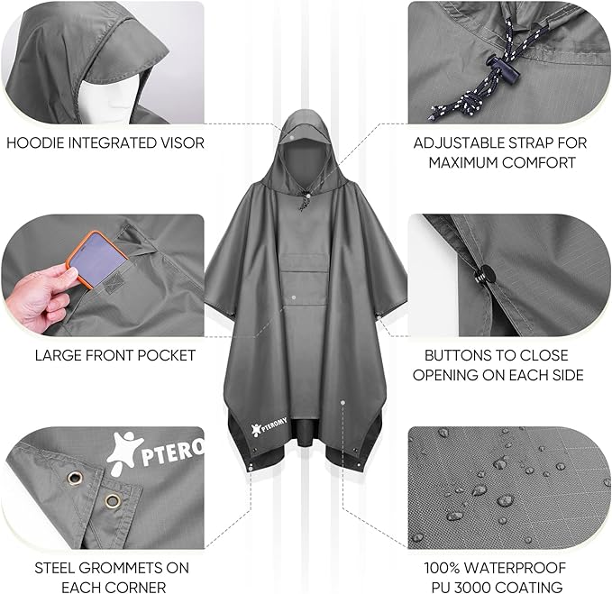 PTEROMY Hooded Rain Poncho for Adult with Pocket, Waterproof Lightweight Unisex Raincoat for Hiking Camping Emergency