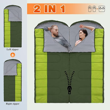 XL 10 Degree Sleeping Bags Waterproof for Adults 350GSM Machine Washable with Compression Sack for 3-4 Season Camping Outdoor