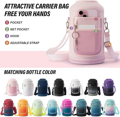 Insulated Water Bottle | Thickened Stainless Steel Vacuum Metal | Portable Sports Half Gallon Large Water Jug for Gym and Hiking with Straw, Carrier Bag, Handle Strap | BPA-Free 64 oz