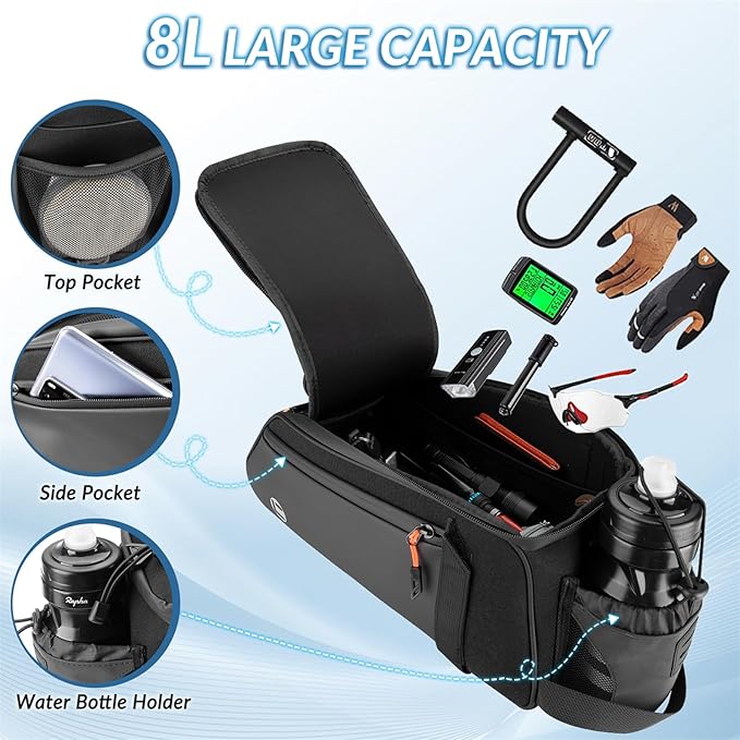 WOTOW Rear Bike Rack Bag - 8L Waterproof Bicycle Trunk Bag with Water Bottle Holder, Reflective Panniers Bike Bags for Bicycles Saddle Back Seat Storage Cargo Luggage Pouch Shoulder Bag Women Men