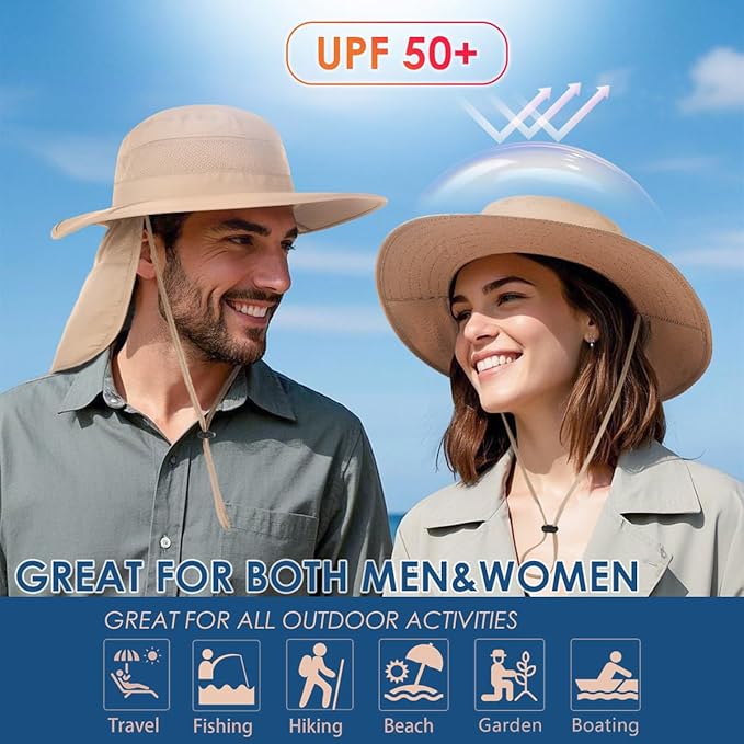 Men&Women Foldable Outdoor Sun Hat with Packable Neck Flap, UV Sun Protection Wide Brim Safari Cap
