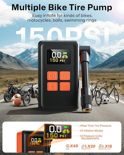MCY Portable and Mini Bike Pump with Guage,20s Fast Inflate Electric Bike Tire Pump with 150PSI,Bicycle Pump with Presta,Schrader Valve,Auto Stop,Clear Pressure Display,Motorcycle,Ball,Swimming Ring