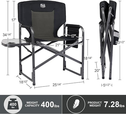 TIMBER RIDGE Aluminum Oversized Camping Chair, Lightweight Portable Directors Chair with Side Table Detachable Side Pocket for Outdoor Camping, Lawn, Picnic, Support 400lbs Black 2 Pack