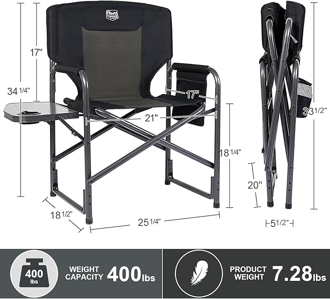 TIMBER RIDGE Aluminum Oversized Camping Chair, Lightweight Portable Directors Chair with Side Table Detachable Side Pocket for Outdoor Camping, Lawn, Picnic, Support 400lbs Black