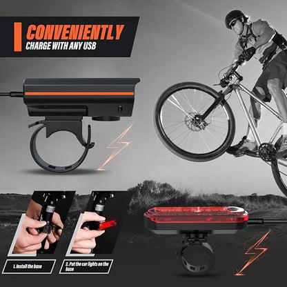Rechargeable Bike Lights, Ultra Bright Bike Lights for Night Riding, Road Mountain Bike Accessories for Kids Adults - Headlight with Tail Light