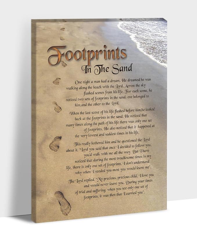 Footprints in the Sand Canvas Prints Wall Art, Footprints in the Sand Wall Art Decor, Inspirational Christian Poem Wall Poster Gift, Beach Picture Wall Art for Living Room Beach Office 18"Wx24"HInches
