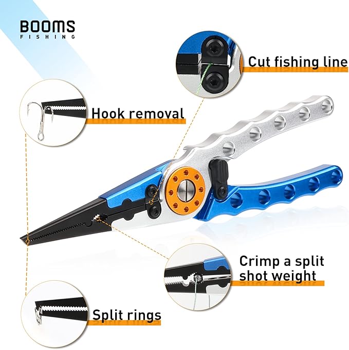 Booms Fishing X1 Aluminum Fishing Pliers Saltwater, Surf Fishing Tackle Kit, Fishing Multitool Hook Remover Braided Fishing Line Cutting and Split Ring with Coiled Lanyard and Sheath