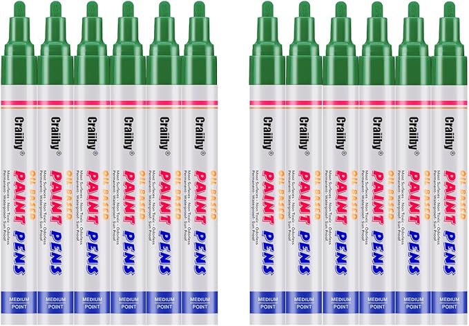 Green Paint Markers, 12 Pack Oil-Based Waterproof Quick Dry Permanent Paint Pen Set for Rocks Painting, Wood, Fabric, Plastic, Canvas, Glass, Mugs, Metal, Tire, Stone, DIY Craft